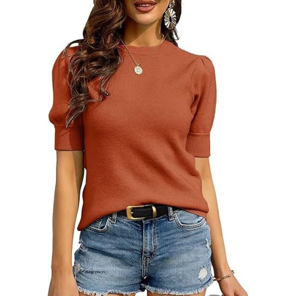Women's Orange Knit Crew Neck Pullover Top Regular Short Sleeve Size L